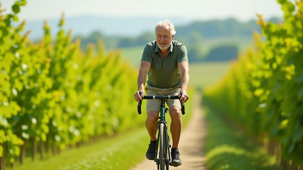 Cyklista na kole v zelené krajině s chmelnicemi v pozadí, slunečný den