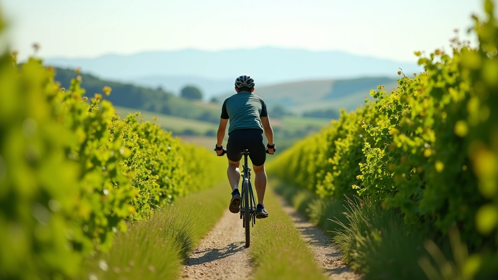 Cyklista jede po rozlehlé cestě mezi chmelnicemi, vzdálený pohled na krajinu