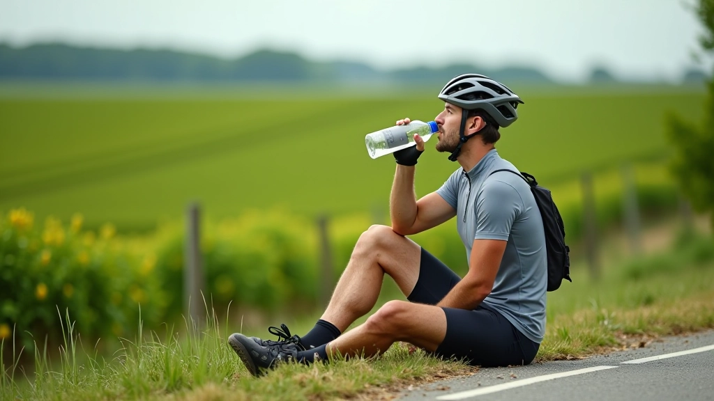 Cyklista si dává přestávku a pije vodu u odpočívadla v krajině