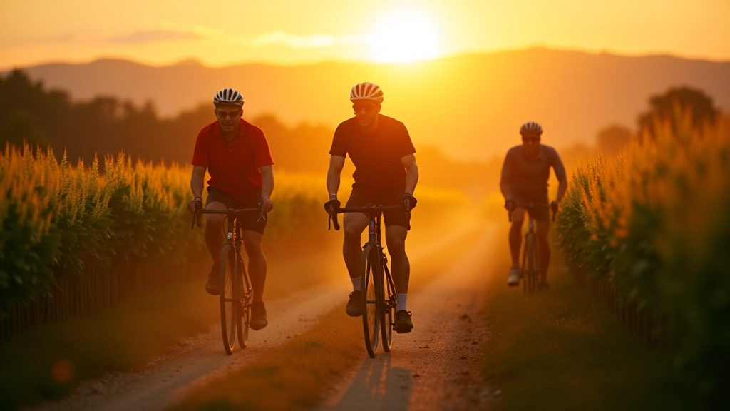 Skupina cyklistů vyjíždějící v brzké ranní hodiny na cestu chmelnicemi