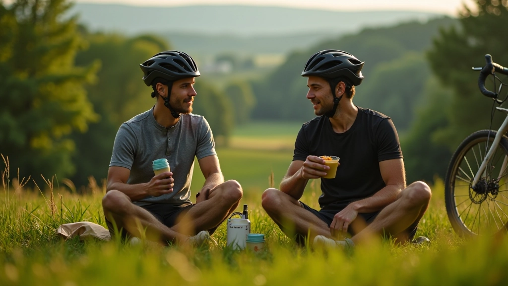 Dva cyklisté odpočívají na trávě s koly, pijí vodu a kouší zdravé svačiny